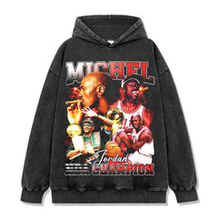 Retro trendy printed short-sleeved t-shirt old washed long-sleeved crew neck loose 420g hooded sweater men