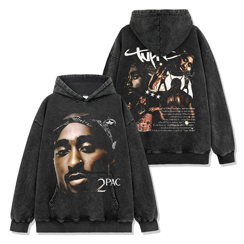 Vintage tupac print short-sleeved t-shirt Vintage loose heavyweight crew neck hooded sweater for men and women