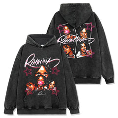 Rihanna print short-sleeved t-shirt washed long-sleeved loose hooded sweater men's casual