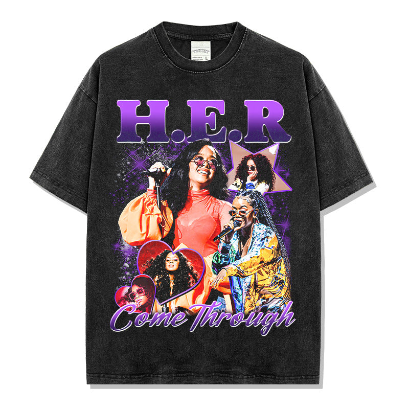 Hip Hop HER Printed Short Sleeve T-Shirt Washed Old Long Sleeve Loose Casual Heavy Hooded Sweater Men