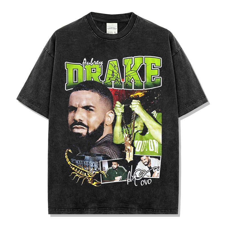Vintage Drake Printed Short Sleeve T-Shirt Washed Old Long Sleeve Loose Hooded Sweater Men