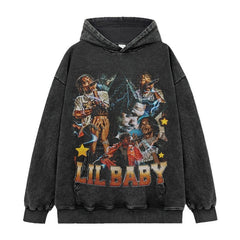 Hip Hop Babe Lil Baby Printed Short Sleeve T-Shirt Washed Long Sleeve Crew Neck Loose Hooded Sweater