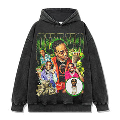 Vintage Hip Hop Quavo Printed Short Sleeve T-Shirt Washed Old Long Sleeve Loose Hooded Sweater