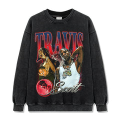 Vintage Hip Hop TRAVIS SCOTT Printed Short Sleeve T-Shirt Washed Long Sleeve Loose Hooded Sweater