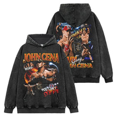 JOHN CENA John Cena print washed short-sleeved T-shirt round neck loose hooded sweater men