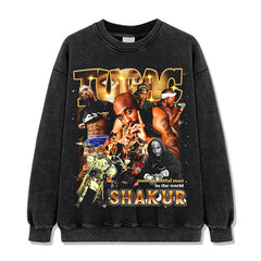 Tide tupac printed short-sleeved t-shirt washed old long-sleeved loose casual heavy hooded sweater men