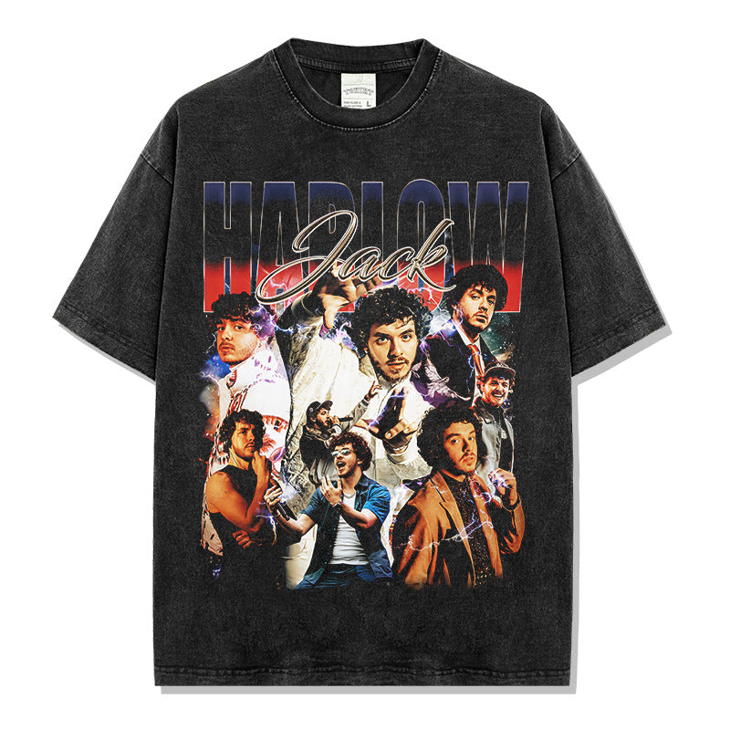 Jack Harlow Print Short Sleeve T-Shirt Washed Long Sleeve Loose Hooded Sweater