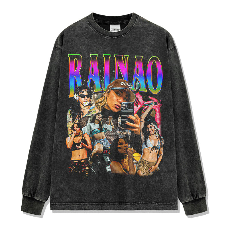 Vintage trendy RaiNao printed short-sleeved t-shirt washed and old long-sleeved loose hooded sweater