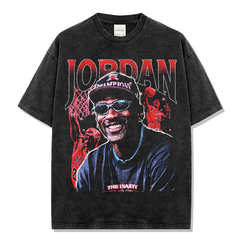 Vintage MJ Flying Printed Short Sleeve T-Shirt Vintage Washed Loose Crew Neck Heavy Pure Cotton Tide T