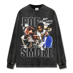 Pop Smoke Print Short Sleeve T-Shirt Washed Long Sleeve Crew Neck Hooded Sweater