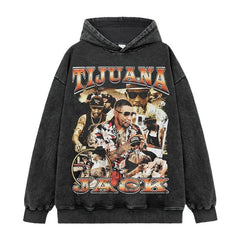 Hip Hop Tijuana Jack Printed Short Sleeve T-Shirt Washed Long Sleeve Loose Heavy Hooded Sweater