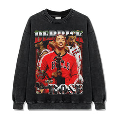 Vintage Derrick Print Short Sleeve T-Shirt Washed Distressed Long Sleeve Crew Neck Loose Hooded Sweatshirt