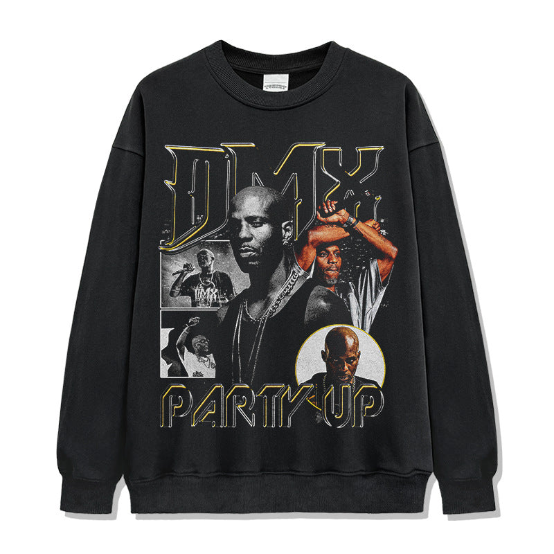 DMX Earl Simmons Printed Short Sleeve T-Shirt Washed Long Sleeve Loose Casual Hooded Sweater