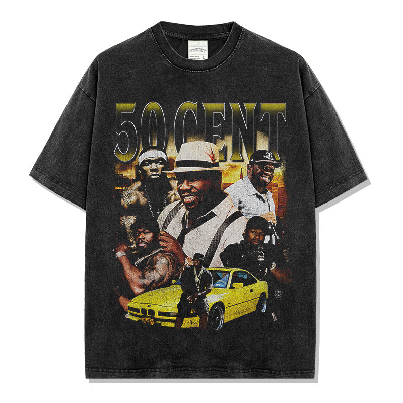 Hip Hop 50 Cent Printed Short Sleeve T-Shirt Washed Old Long Sleeve Loose Casual Hooded Sweater Men