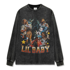 Hip Hop Babe Lil Baby Printed Short Sleeve T-Shirt Washed Long Sleeve Crew Neck Loose Hooded Sweater