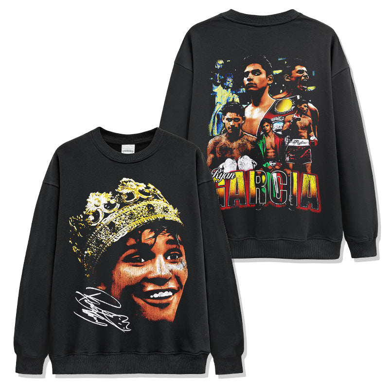 Vintage Ryan Garcia Printed Short Sleeve T-Shirt Washed Long Sleeve Loose Hooded Sweater