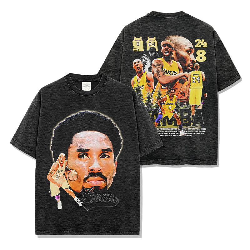 Vintage Kobe Kobe Black Printed Short Sleeve T-Shirt Washed Long Sleeve Crew Neck Casual Hooded Sweater