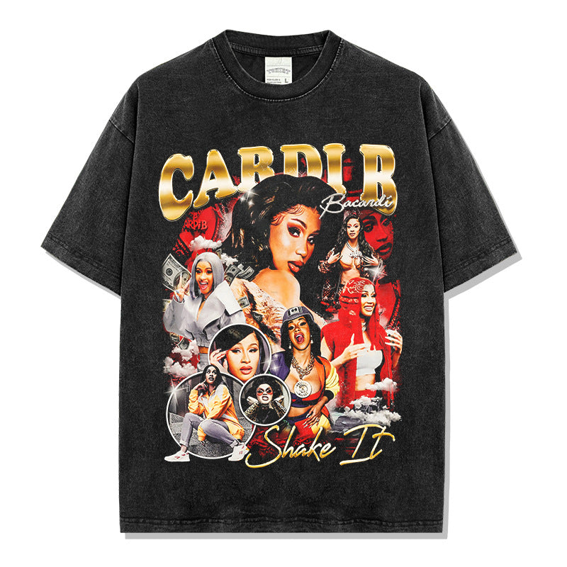 Vintage Cardi B Cardi B Printed Short Sleeve T-Shirt vintage washed heavy cotton tide t