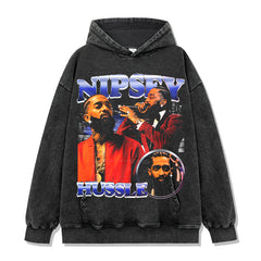 Hip Hop Nipsey Hussle Printed Short Sleeve T-Shirt Washed Long Sleeve Loose Casual Hooded Sweater
