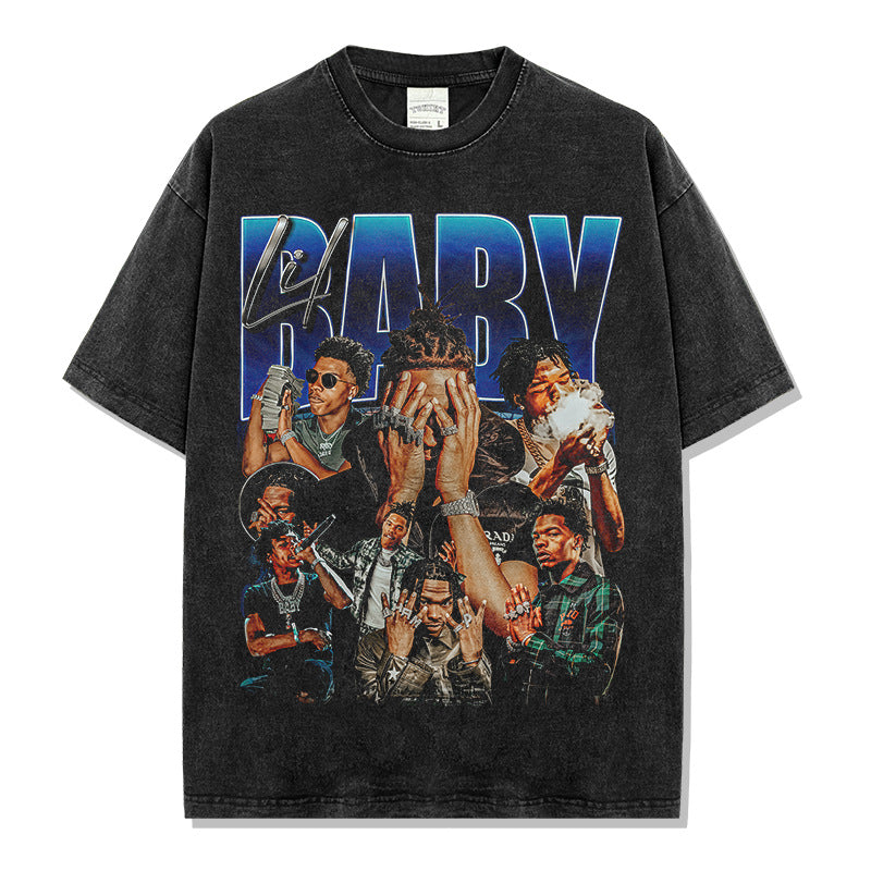 Hip Hop Babe Lil Baby Printed Washed Short Sleeve T-Shirt Crew Neck Long Sleeve Loose Hooded Sweater