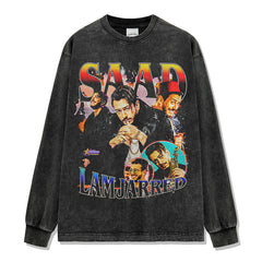 Saad Lamjarred Printed Short Sleeve T-Shirt Washed Old Long Sleeve Loose Hooded Sweater Men