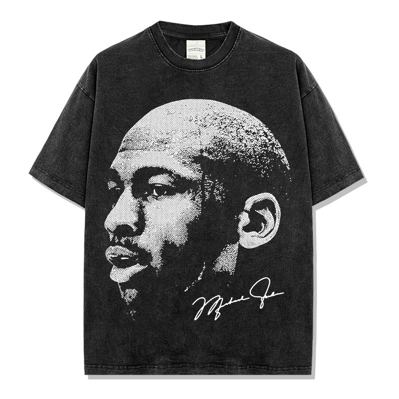 Simple MJ printed t-shirt retro Vintage washed old loose heavy casual short sleeves ins