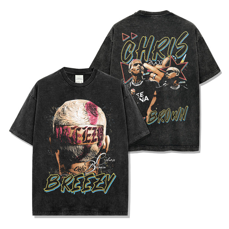 Hip Hop Brown Chris Brown Printed Short Sleeve T-Shirt Washed Long Sleeve Loose Hooded Sweater Men