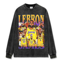 James James Printed Short Sleeve T-Shirt Old Washed Long Sleeve Crew Neck Loose Hooded Sweater Men