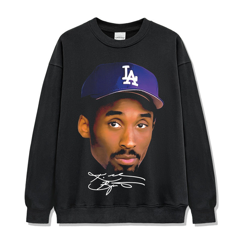 Vintage trend kobe print short-sleeved t-shirt washed long-sleeved heavy round neck hooded sweater men's trend