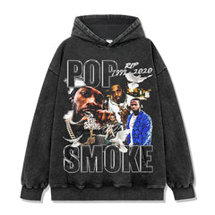 Pop Smoke Print Short Sleeve T-Shirt Washed Long Sleeve Crew Neck Hooded Sweater