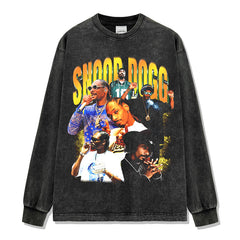 Snoop Dogg Printed Washed Short Sleeve T-Shirt Crew Neck Long Sleeve Hooded Sweater