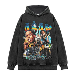 Hip Hop A $AP Rocky Printed Short Sleeve T-Shirt Washed Long Sleeve Loose Blockbuster Hooded Sweater Men