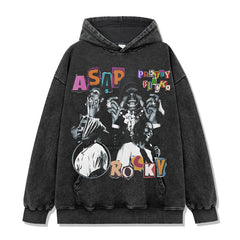 Hip Hop A $AP Rocky Printed Short Sleeve T-Shirt Washed Long Sleeve Loose Blockbuster Hooded Sweater Men