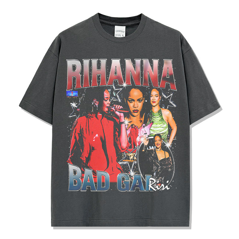 Vintage Rihanna Printed Short Sleeve T-Shirt Washed Long Sleeve Crew Neck Loose Hooded Sweater