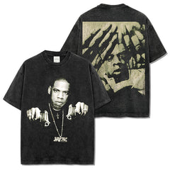 Vintage hip-hop rap Jay-Z printed short-sleeved T-shirt washed heavy cotton small neckline top trendy