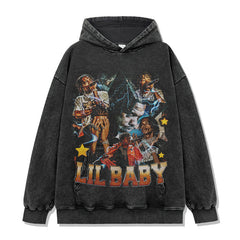 Hip Hop Babe Lil Baby Printed Short Sleeve T-Shirt Washed Long Sleeve Crew Neck Loose Hooded Sweater