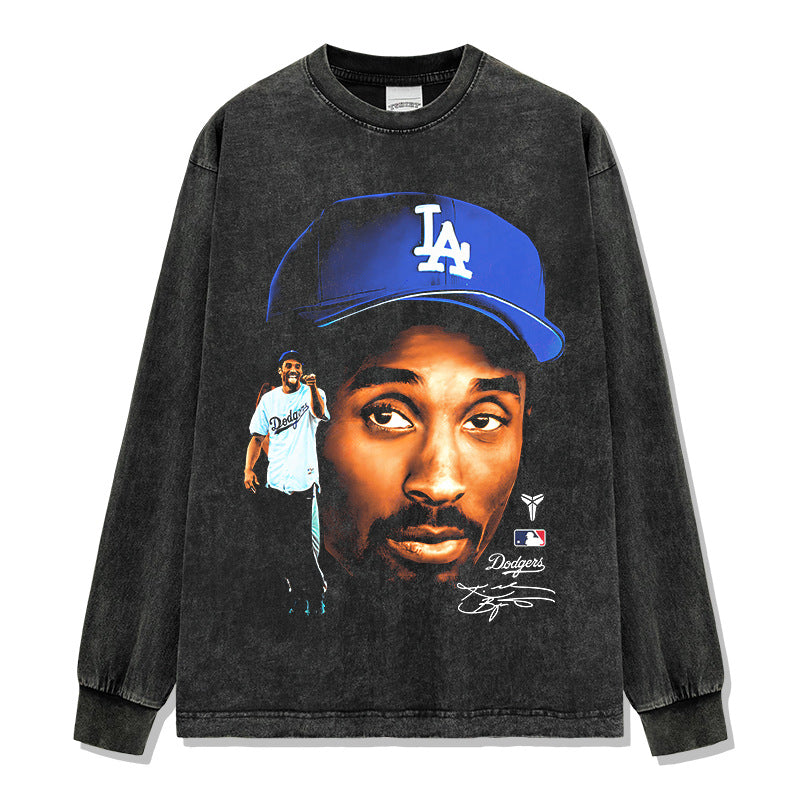 Vintage Tide KOBE Kobe Printed Short Sleeve T-Shirt Washed Old Long Sleeve Loose Hooded Sweater Men