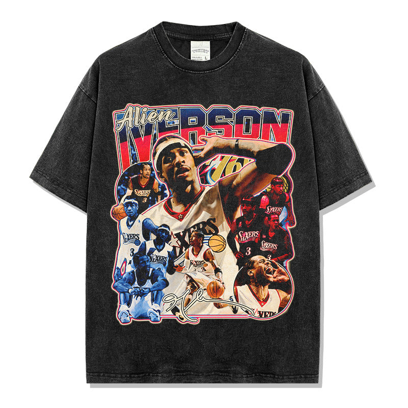 Vintage Iverson Printed Short Sleeve T-Shirt Washed Loose Heavy Loose Cotton Crew Neck