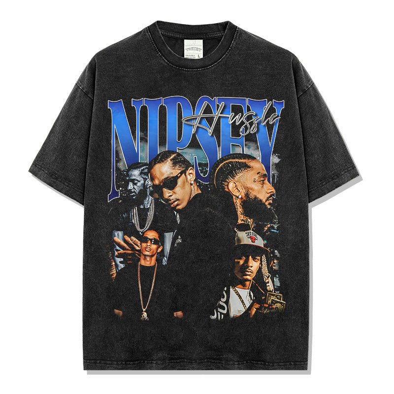 Vintage Nipsey Printed T-Shirt Vintage Washed Loose Heavy Crew Neck Short Sleeves