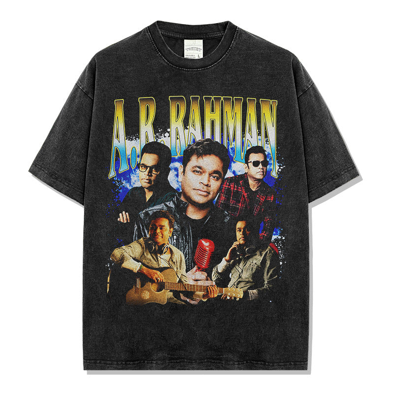 A.R. Raman Rahman Printed Short Sleeve T-Shirt Washed Long Sleeve Loose Casual Hooded Sweater Men