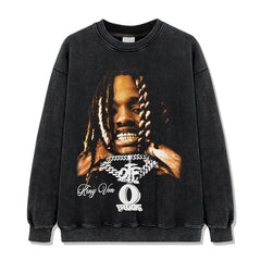 Hip Hop King Von Printed Washed Short Sleeve T-Shirt Crew Neck Long Sleeve Hooded Sweater Men