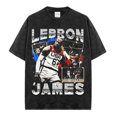 Vintage James James Printed Short Sleeve T-Shirt Washed Loose Casual Heavy Hooded Sweater Men