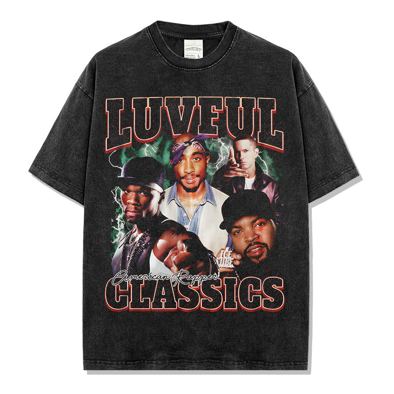 High Street vintage2 PAC TUPAC Hip Hop Character Short Sleeve T-Shirt Vintage Wash Tide