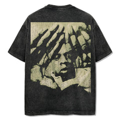 Vintage hip-hop rap Jay-Z printed short-sleeved T-shirt washed heavy cotton small neckline top trendy