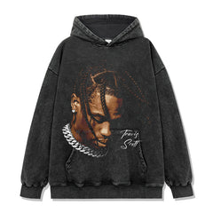 Hip hop travis scott print wash short sleeve t-shirt crew neck long sleeve loose hooded sweater