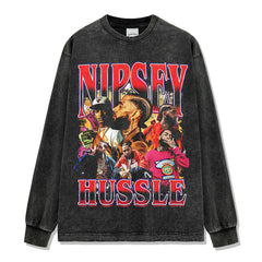 Vintage Hip Hop Nipsey Hussle Printed Short Sleeve T-Shirt Washed Long Sleeve Loose Hooded Sweater