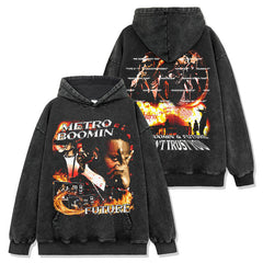 Hip Hop Boomin & Future Printed Washed Short Sleeve T-Shirt Casual Crew Neck Hooded Sweater