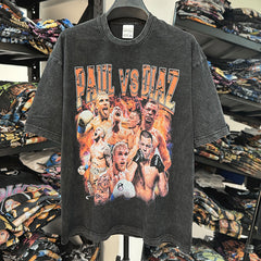 Vintage Paul vs Diaz Printed Short Sleeve T-Shirt Washed Loose Heavy Cotton Small Neckline Tide T