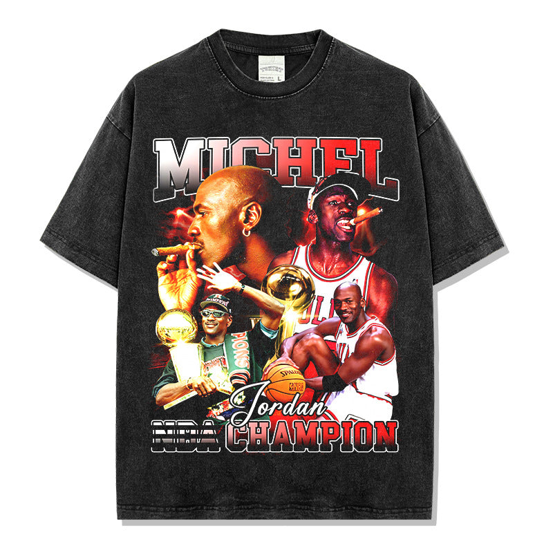 Retro trendy printed short-sleeved t-shirt old washed long-sleeved crew neck loose 420g hooded sweater men