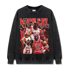 Retro printed short-sleeved t-shirt washed and old long-sleeved round neck loose casual hooded sweater men's trend